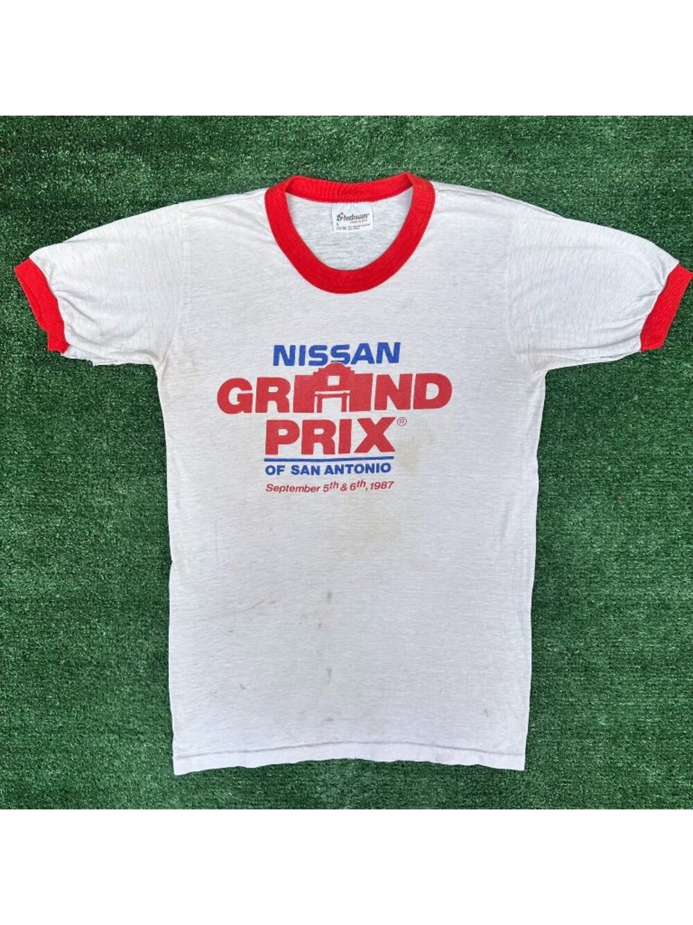 Vintage 80s Nissan Grand Prix Ringer T-Shirt S White Racing Single Stitch Thin
